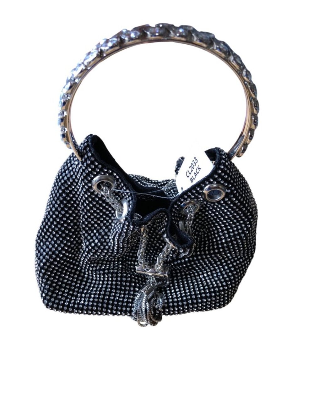 Black Rhinestone Bucket Bag Chain Handle Crossbody Strap Evening Formal Purse - Picture 2 of 11
